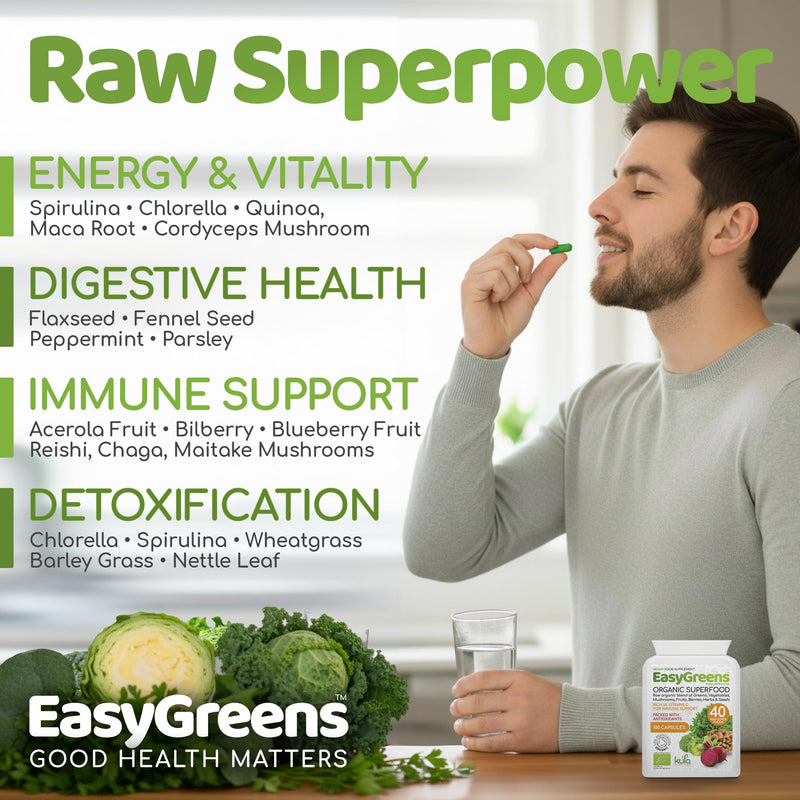 EasyGreens - Organic Greens Superfood Capsules – 100 Vegan Capsules - Soil Association Certified Natural Vitamin and Mineral - 40 Raw Greens, Fruits, Vegetables, Mushrooms, Sprouts, Seeds and Herbs
