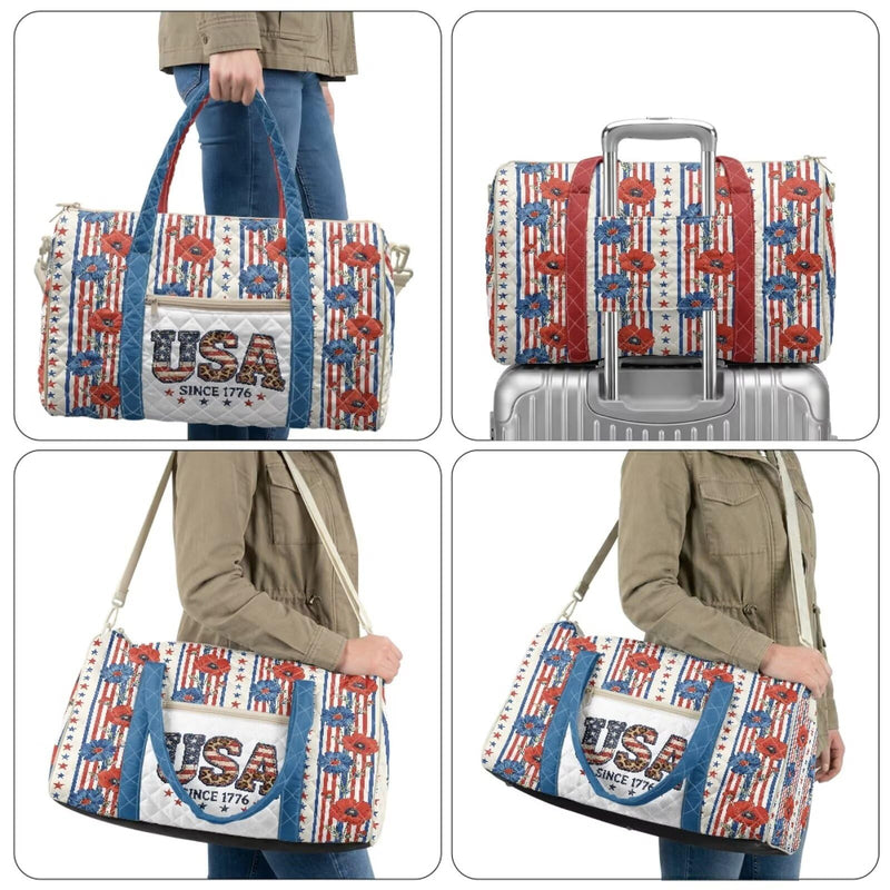 250th Anniversary USA Travel Duffle Bag for Women with Flowers on it Patriotic Overnight Bag with Crossbody Strap Portable Weekend Bag for Flying