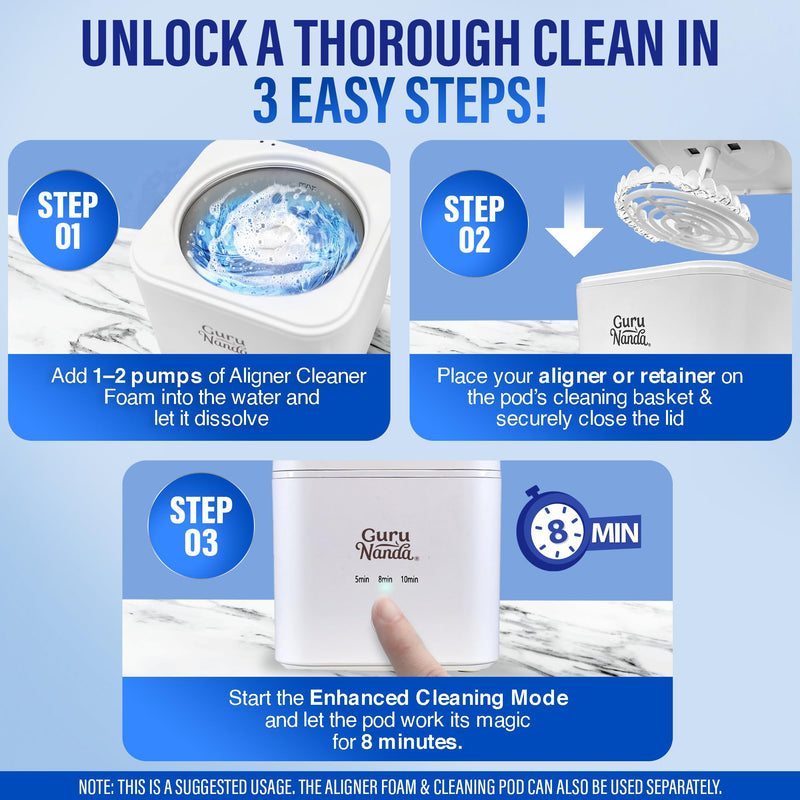 [Australia] - GuruNanda Retainer Cleaner Set – Ultrasonic & UV Cleaning Pod & Aligner Cleaning Foam, Deep Clean & Odor Neutralization for Retainers, Aligners, Dentures & Mouthguards 