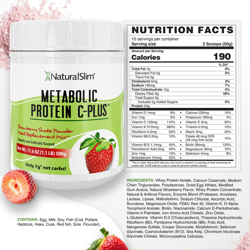 NaturalSlim Metabolic Protein C-Plus, Strawberry, 1.1 lb | Whey Protein Powder and Shake, Vitamin C, L-Glutamine and Digestive Enzymes, Support Metabolism, Energy and Gut Health Strawberry C Plus