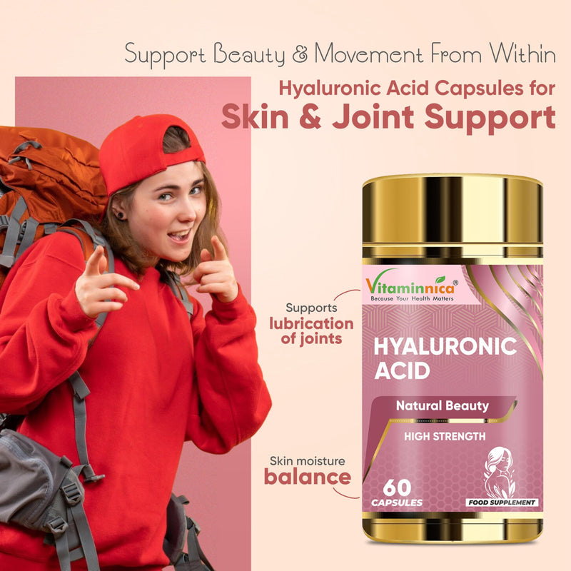 Vitaminnica Hyaluronic Acid Capsules 60 Count – High Strength Hydration Support for Skin, Joints & Hair | Beauty & Joint Care Supplement