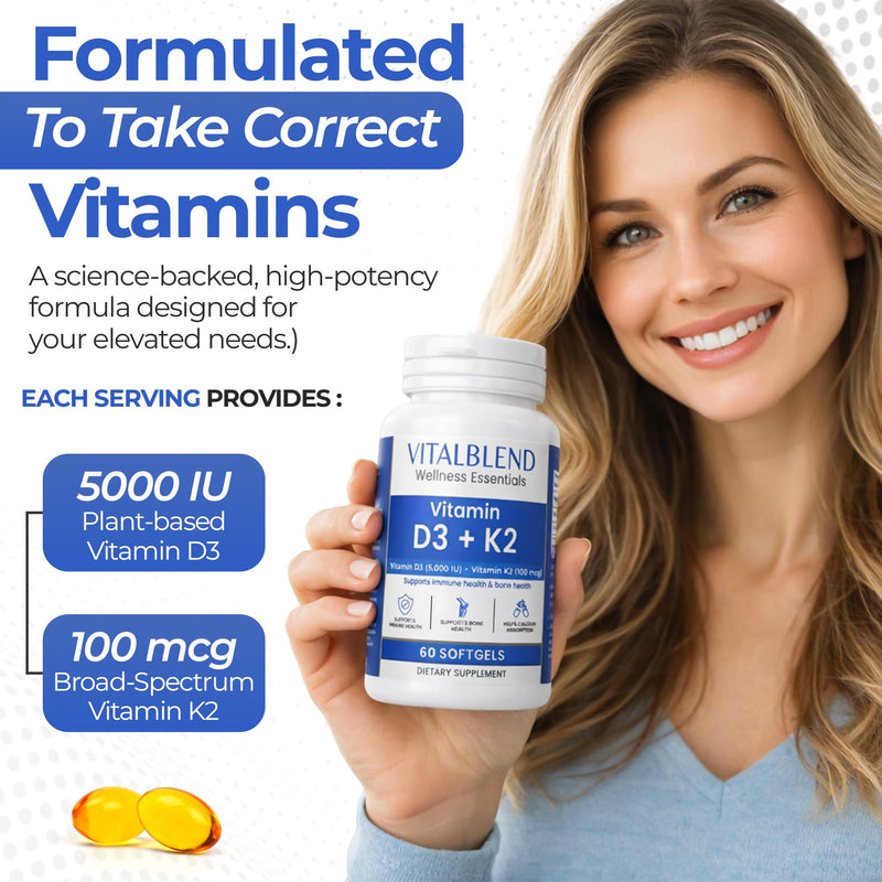 Vitamin D3 K2 Softgels, 5000 IU D3 with K2 MK-7, Bone & Heart Support Supplement – High Absorption Oil-Based Formula, Non-GMO, Sunflower Oil Softgels – 60 Count – 60 Day Supply