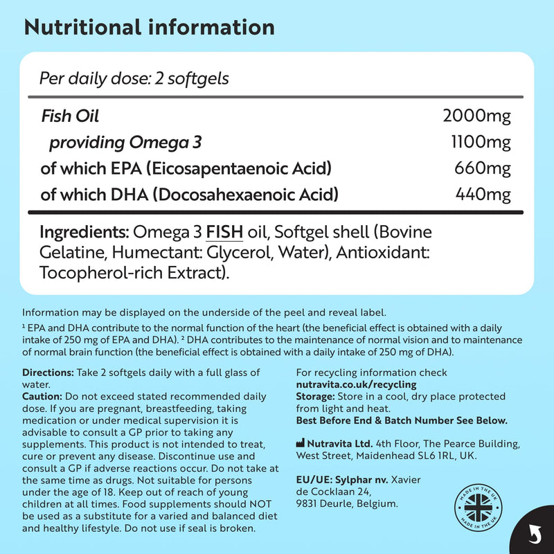 Nutravita Omega 3 Capsules High Strength 2000mg with 660mg EPA & 440mg DHA - 90 Softgel Omega 3 Fish Oil Capsules for 45 Days of Supply - Fish Oil Supplements