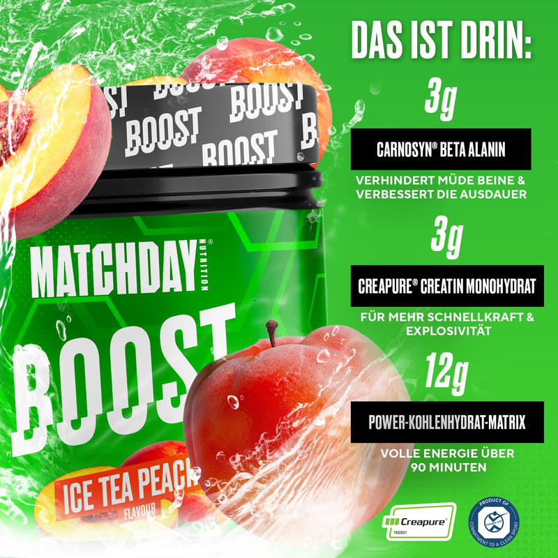 [Australia] - MATCHDAY NUTRITION | BOOST | 90 minutes of full throttle football | ATP booster with amino acids and carbohydrates | More speed, explosiveness & endurance | 20 servings (Ice Tea Peach) Ice Tea Peach 