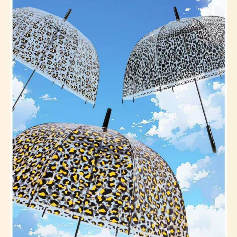 2Pack Clear Windproof Bubble Stick Umbrella, Auto Open Rainproof Transparent Umbrella for Adult Boys and Girls, Lightweight Wind and Rain Protection, Dome Canopy leopard-print 2pcs
