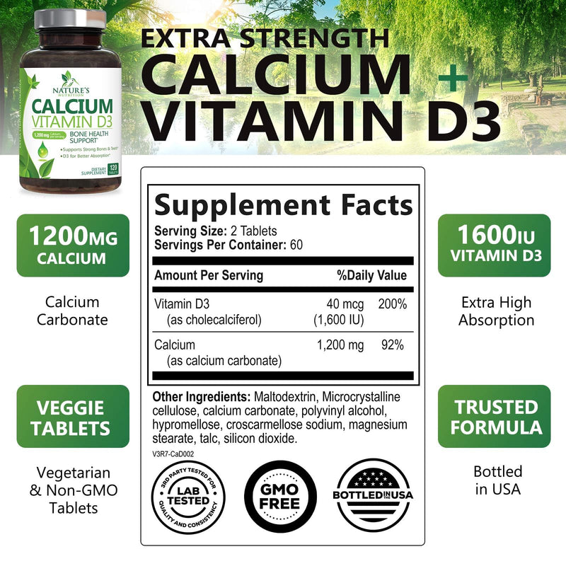 [Australia] - Calcium 1200 mg Plus Vitamin D3, Bone Health & Immune Support - Nature's Calcium Supplement with Extra Strength Vitamin D for Extra Strength Carbonate Absorption Dietary Supplement - 120 Tablets 120 Count (Pack of 1) 