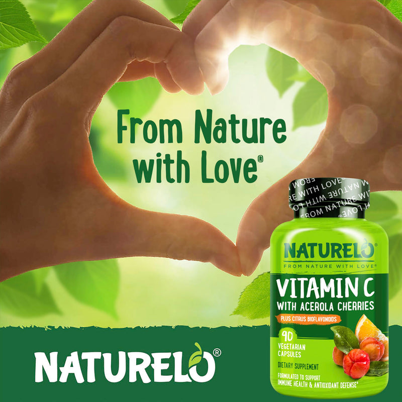 NATURELO Vitamin C 500 mg, Immune Support, Vegan, 90 Capsules | Organic acerola cherry extract, citrus bioflavonoids, Non-GMO, 500 mg VIT C per Cap 90 Count (Pack of 1)