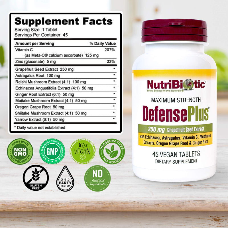 NutriBiotic – DefensePlus, 45 Tablets | 11 in 1 Immune Support with Vitamin C, Zinc, Grapefruit Seed Extract, Echinacea, Astragalus Root & Immune Boosting Extracts & Mushrooms | Vegan & Gluten Free
