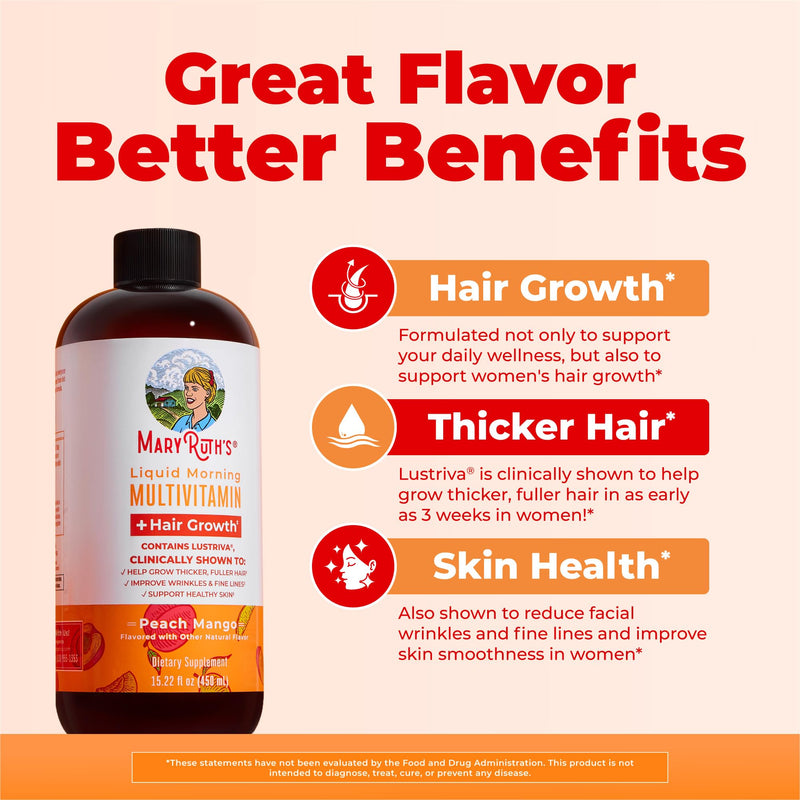 MARYRUTH'S Liquid Multivitamin + Hair Growth, Clinically Thicker Hair, 15oz | Clinically Tested in Women for Thicker Hair & Facial Wrinkles, Biotin 10000mcg, Lustriva Hair Growth Supplements, Skin Care Peach Mango 15.22 Fl Oz (Pack of 1)