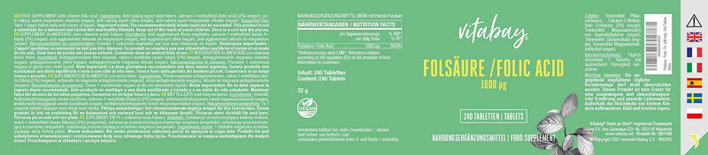 Vitabay Folic Acid Tablets 1000mcg | 240 Vegan Tablets | High Strength & High Bioavailability Folate Tablets | Lab-Tested