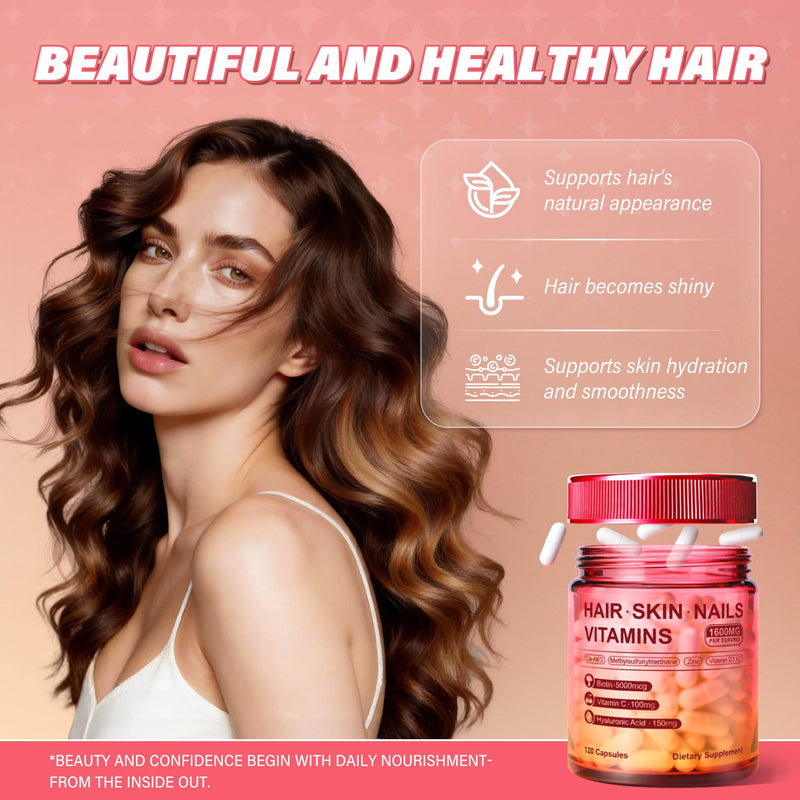 Hair Skin and Nails Vitamins – Biotin, Hyaluronic Acid, Calcium AKG, Vitamin C & Vitamin D3 K2 – Support Healthy Hair Growth, Strong Nails & Radiant Skin - 120 Capsules (1 Pack)