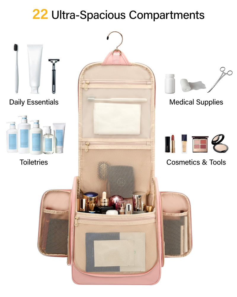 Hanke Hanging Travel Toiletry Bag for Men and Women, Water-Resistant Toiletries Bag Makeup Organizer with Hook, Cosmetic Bag for Bathroom & Travel Essentials Accessories, Pink