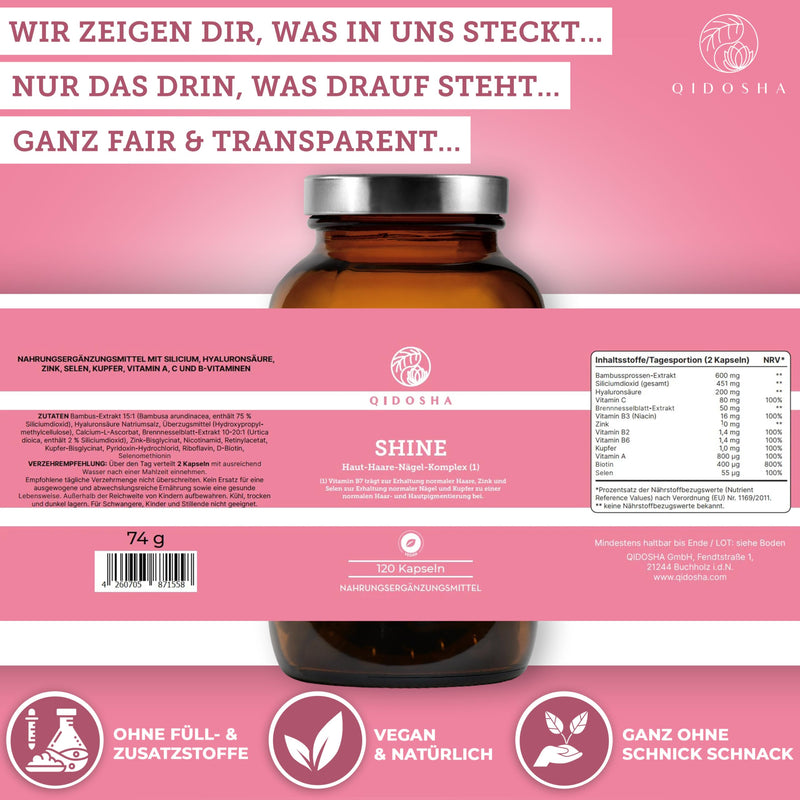 [Australia] - QIDOSHA® SHINE skin, hair & nails complex, 120 capsules in a pharmacy jar, silicon complex with silicon, hyaluronic acid, zinc, selenium, copper & vitamins, German production, skin hair nails capsules 