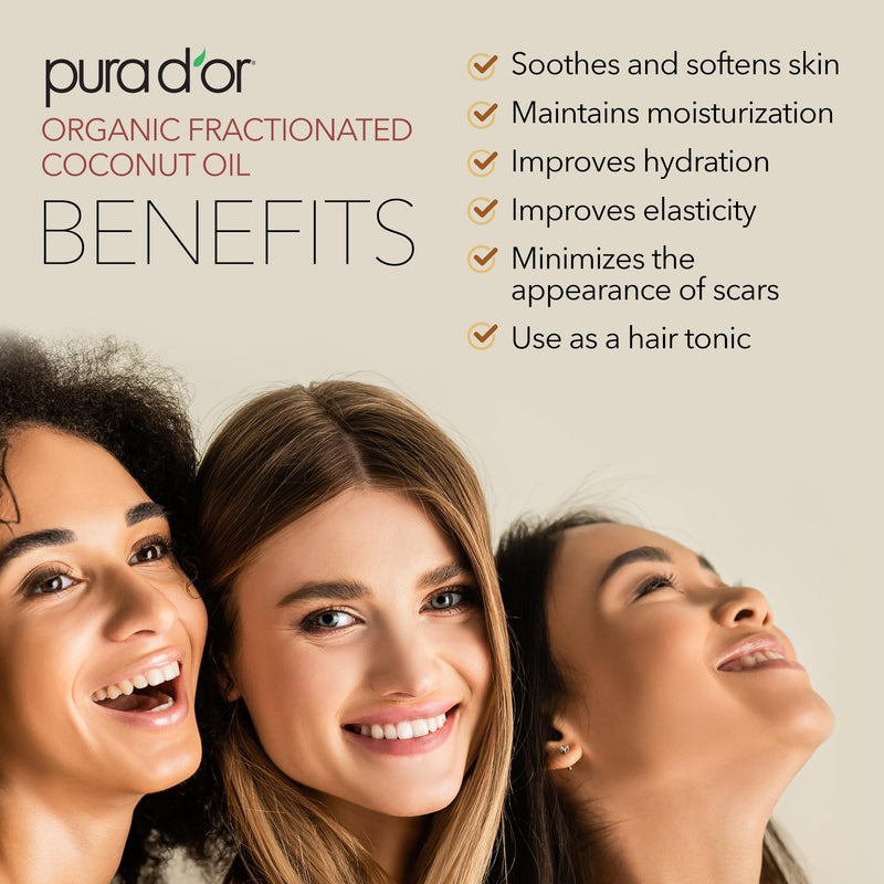 [Australia] - PURA D'OR 16 Oz ORGANIC Fractionated Coconut Oil - MCT Oil - 100% Pure & Natural USDA Certified Cold Pressed Carrier Oil - Unscented, Hexane Free Moisturizer For Face, Skin & Hair Tonic - Men & Women 