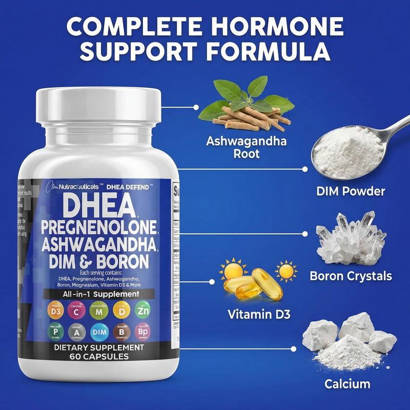 DHEA 200mg Supplement Pregnenolone 100mg for Men & Women with DIM Ashwagandha Boron 6mg Complex Calcium Magnesium Zinc 50mg Vitamin D3 5000 IU Hormone Support Capsules Pills Made in USA 60 Count