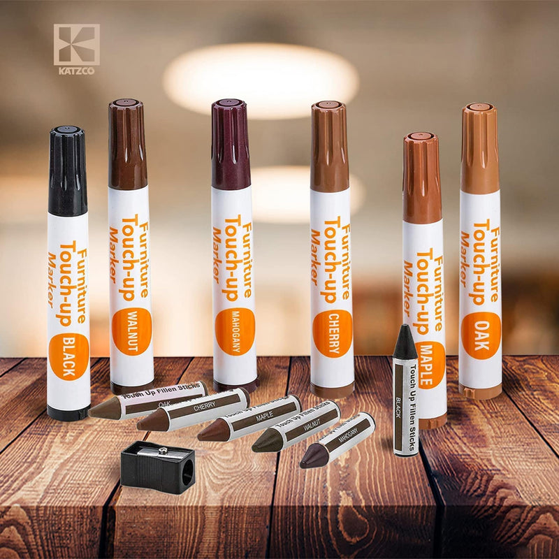 [Australia] - Katzco Furniture Repair Kit Wood Markers - Set of 34 - Markers and Wax Sticks with Sharpener - for Stains, Scratches, Floors, Tables, Desks, Carpenters, Bedposts, Touch-Ups, Cover-Ups 