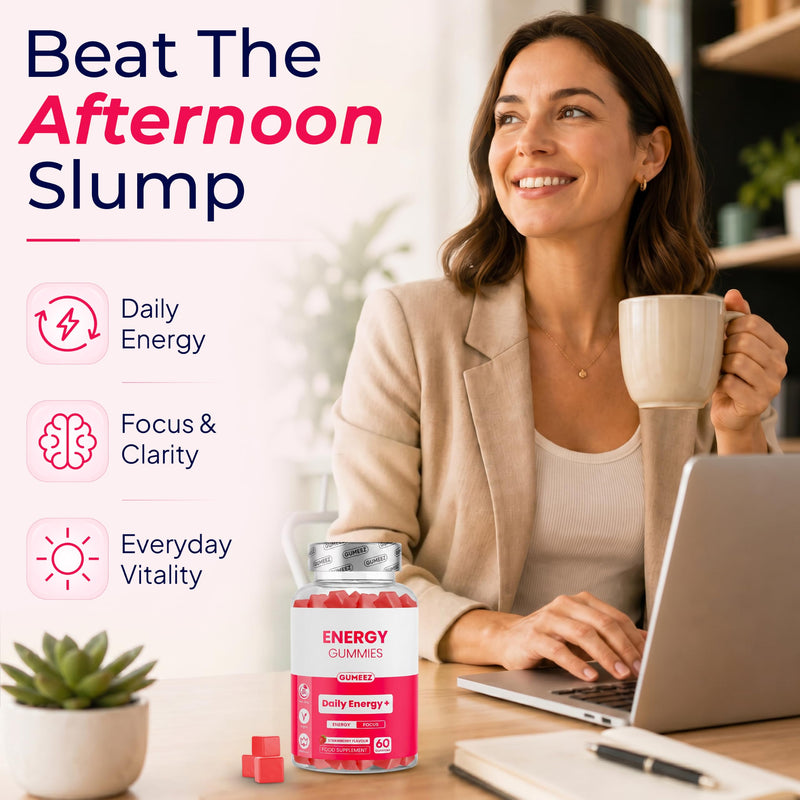 Energy Gummies, Daily Energy and Focus with Caffeine and L- Theanine, Strawberry Flavour, Vegan, 60 Gummies