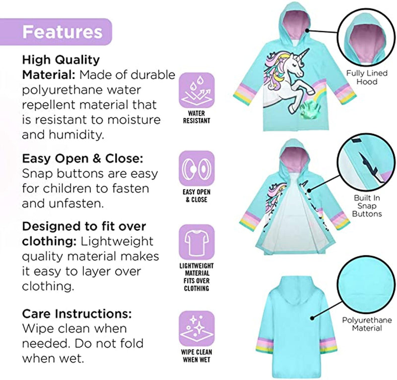 addie & tate Kids Umbrella for Girls and Boys & Rain Coats Set -Toddler Umbrellas Kids Raincoat Boys Girls Jacket 5-7 Years Unicorn