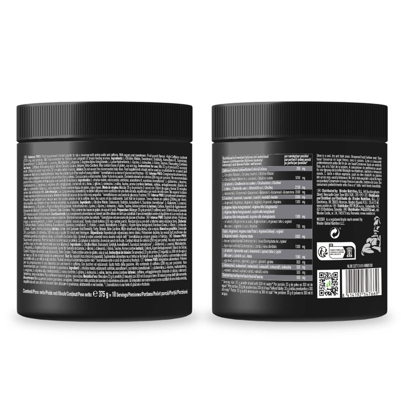 Weider Intense Pre-Workout (375g) Fruit Punch Flavour. Nitric Oxide Precursors, with 200 mg Caffeine and 6000 mg Amino Acids/Serving, L-Citrulline, L-Arginine, Aspartame-Free (18 porciones)