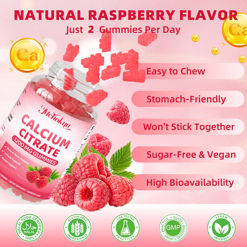 Calcium Citrate Gummies 1200mg Chewable Calcium Supplement for Women & Men, Supports Bone, Muscle & Immune Health, Sugar-Free, Non-GMO, Gluten-Free, Natural Raspberry Flavor, 60 Count 60 Count (Pack of 1)