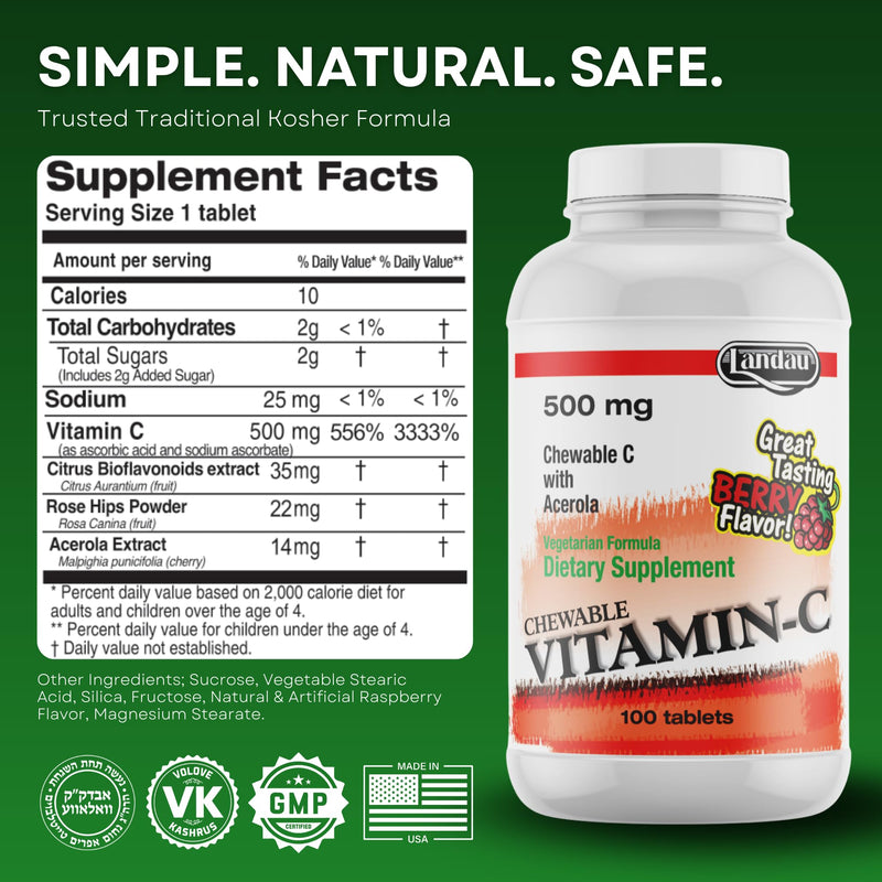 Landau 500mg Chewable Vitamin C Candy for Kids & Adults – Easy-to-Take Vitamin C Supplement with Acerola – Kosher & Made in The USA – Great Tasting Berry Flavor, 100 Tablets