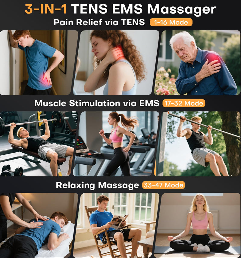 TENS EMS Muscle Stimulator Unit, FDA Cleared 48 Modes 4 Outputs with 16 Electrode Pads (2"x2") for Pain Relief in Shoulder, Neck, Back & Sciatica, Electronic Pulse Massager for Physical Therapy