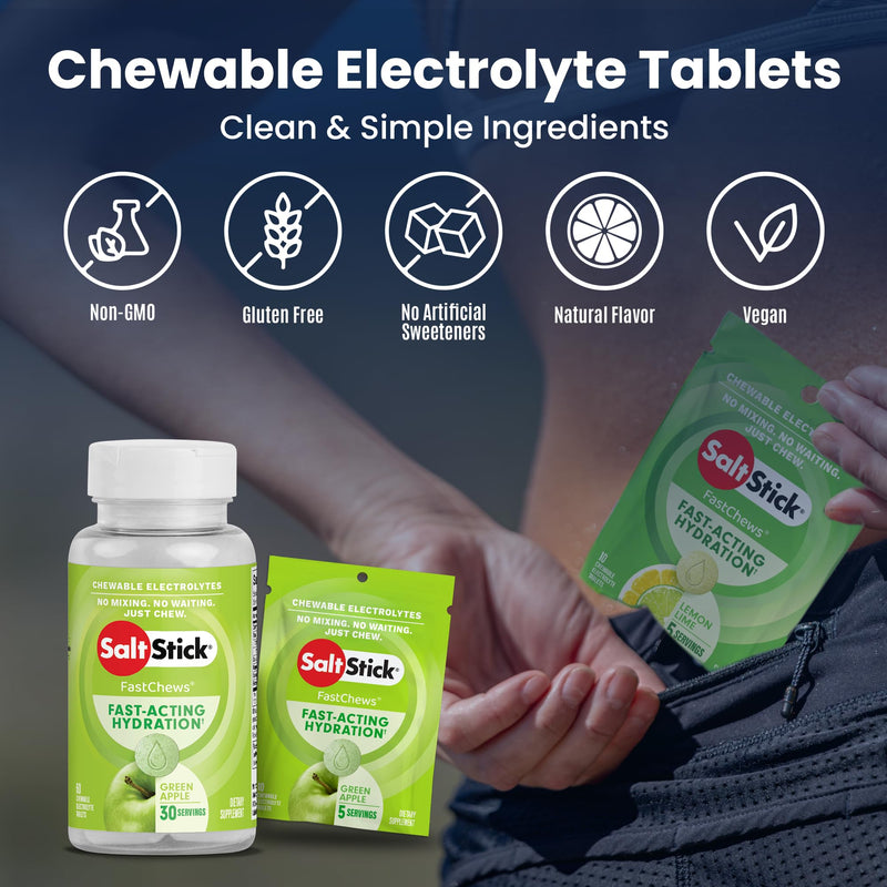 SaltStick Fastchews, Electrolyte Replacement Tablets for Rehydration, Exercise Recovery, Youth & Adult Athletes, Hiking & Sports Recovery, 1 x Packet of 10 Tablets (Green Apple) (Pack of 2) 10 count (Pack of 2)