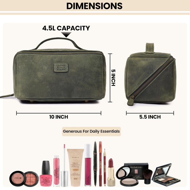LEATHER VILLAGE Full Grain Leather Travel Cosmetic Bag for Women & Men | Large Capacity Cosmetic Bag with unique zip design – Skin Care, Brushes, Shaving & Bathroom Essentials Organizer- Olive