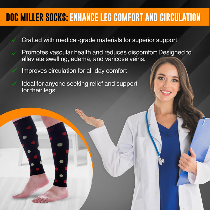 [Australia] - Doc Miller Calf Compression Sleeve – Footless Socks for Women & Men, 20-30mmHg, Shin Splint & Leg Cramp Support, Varicose Veins, Knee High, 1 Pair, Polka Dot Black/RedGreen XX-Large 