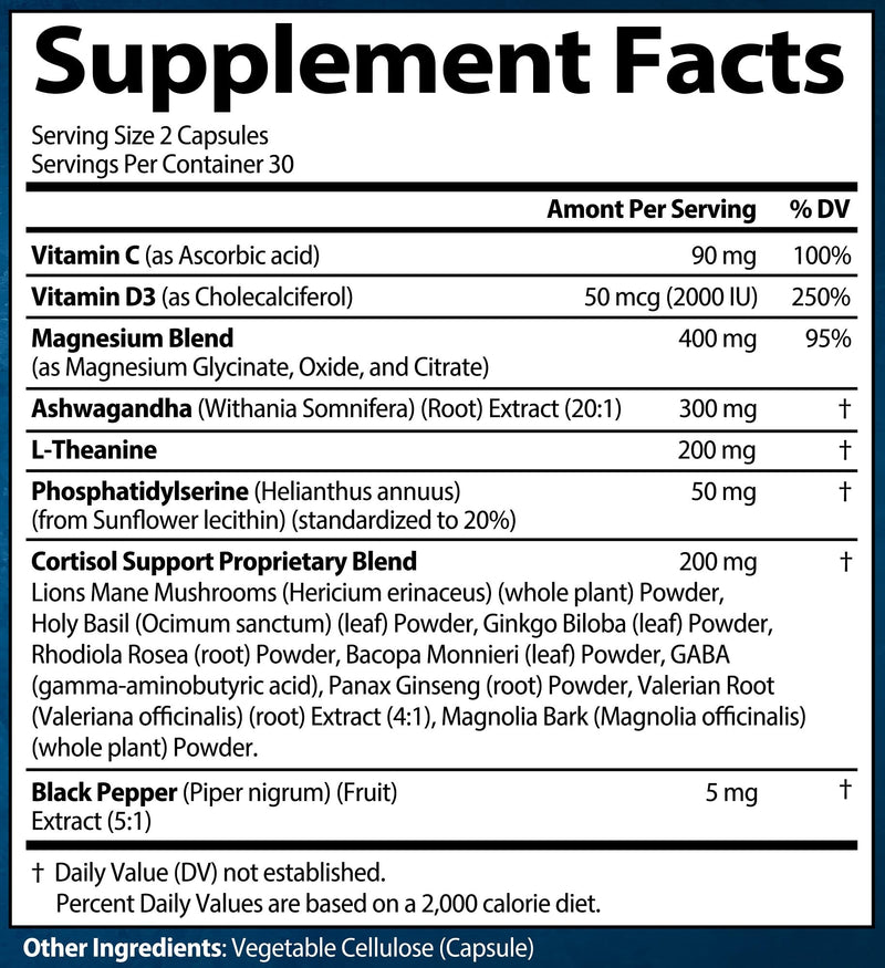 [Australia] - Cortisol Supplements for Women and Men with Magnesium, Ashwagandha & L-Theanine. High Cortisol Reducer, Manager, Detox, Lower and Control. Sleep Support & Stress Relief, USA 60 Count (Pack of 1) 