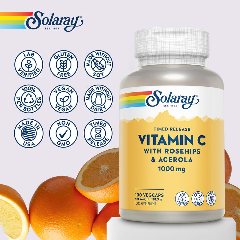Solaray Vitamin C 1000mg Time Release Formula - 100 Vegan Capsules - High Strength VIT C with Acerola & Rosehip 2 Stage Sustained Release - 3+ Month Supply - Immune Support - Lab Verified 100 count (Pack of 1) Time Released Vit C