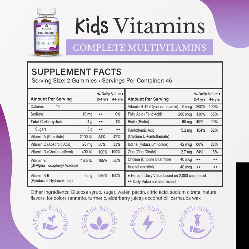 Salaam Nutritionals - Multivitamins, Multivitamins for Kids, Gummy Vitamins with 13 Essential Vitamins + Minerals, Bone and Immunity Support, 90 Count, 1 Pack Multivitamins 1pack