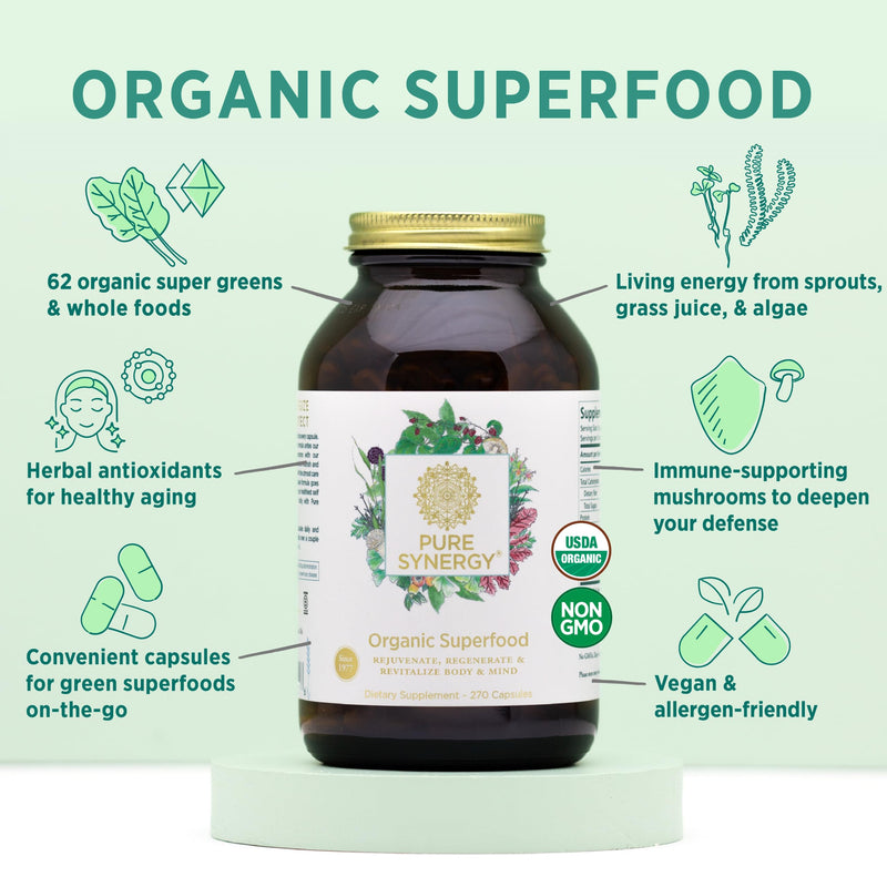 [Australia] - PURE SYNERGY Superfood Capsules | Organic Superfood & Greens Supplement | Whole Food Capsules with Super Greens, Spirulina, & Mushrooms | for Energy, Healthy Aging & Immune Health (270 capsules) 
