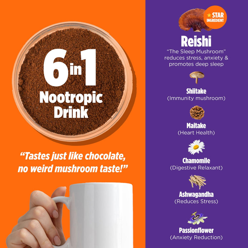 Orange County Mushroom Drink with Ashwagandha, Maitake, Shiitake, Reishi, Chamomile, Passionflower | Calm, Unwind, Sleep Adaptogen | Brain Food. | Chocolate Flavoured Powder