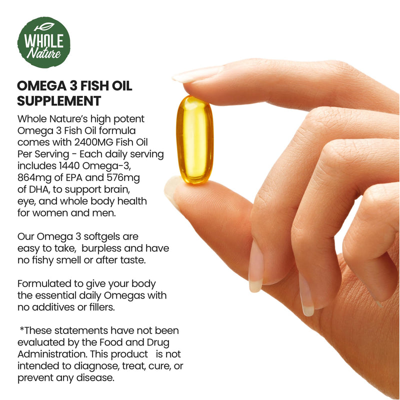 Omega 3 Fish Oil Supplements, Maximum Strength 2400 mg Omega-3, 1440mg Fish Oil, EPA DHA Fatty Acids, Heart Health, Vision, Eye, Brain, Immune Support for Women & Men. Natural Lemon Flavor, 60 ct (1) 1