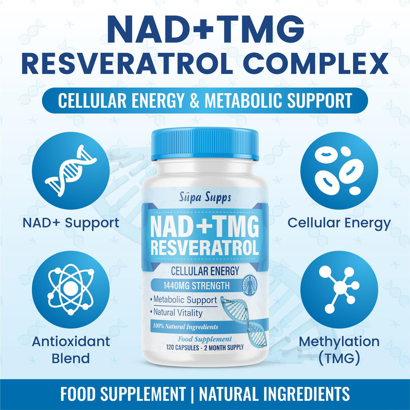 NAD+ TMG, Resveratrol -120 Capsules, 60 Day Supply, Cellular Energy Aid, Methylation Support, Antioxidant Complex, Vegan Friendly, High Strength Formula, NAD Supplements UK, Daily Vitality Support