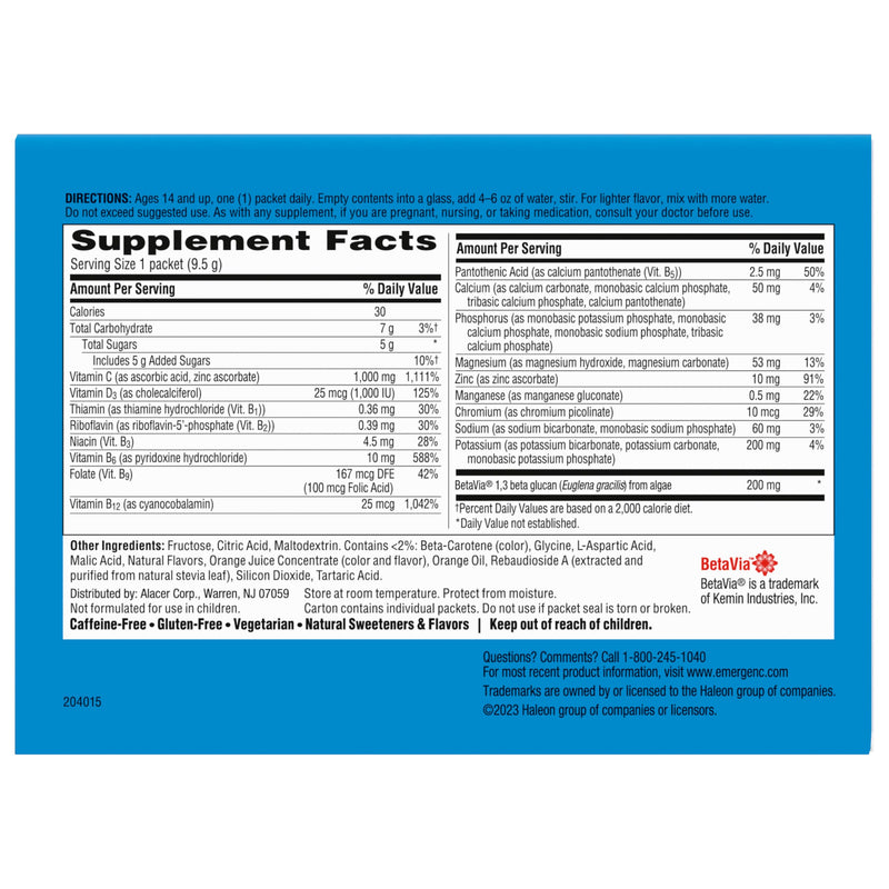 Emergen-C Immune+ Triple Action Immune Support Powder, Super Orange, 50 ct | BetaVia Triple Action, Vitamin D, B Vitamins, Zinc and Manganese, Energy Support, 50 Day Supply 1.03 Pound (Pack of 1)