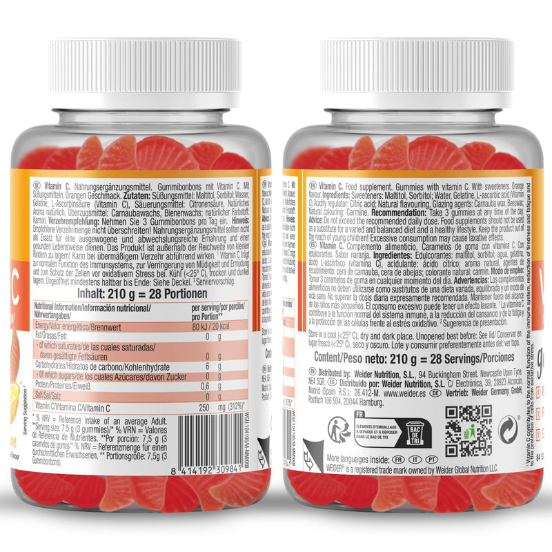 Weider Vitamin C Gummies - Reduces Fatigue and Supports Immune System Function - 250 mg per dose - Sugar- and Gluten-Free - Natural Flavours - 84 Gummies