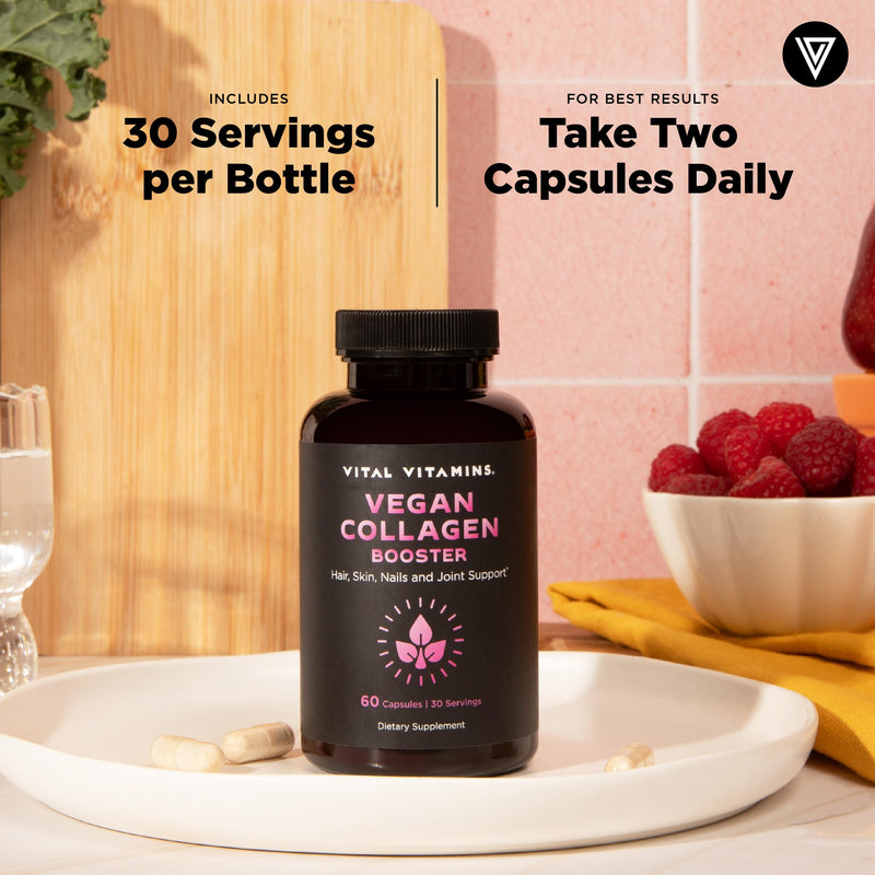 [Australia] - Vital Vitamins Vegan Collagen Booster - with Silica and Hyaluronic Acid - Plant-Based Collagen Supplements - Supports Hair, Skin, Nails & Joints - 60 Capsules 