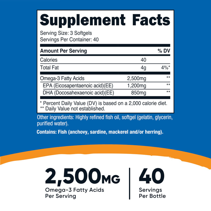 Nutricost Omega 3 Fish Oil (2500MG) 120 Softgels, 40 Servings | Fish Oil, Wild Caught! 1200mg EPA 850mg DHA, GMO-Free, Gluten Free 120 Count (Pack of 1)