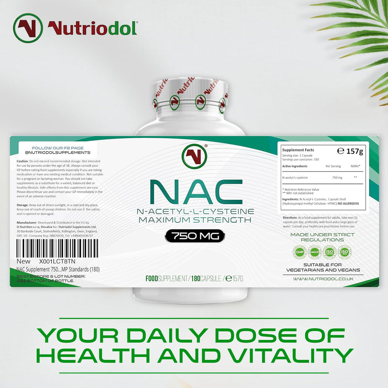 NAC Supplement 750mg | Vegan Capsules | N-Acetyl-Cysteine Amino Acid - High Bioavailability - Providing Non Toxic Stable Form of L-Cysteine - EU Made to ISO and GMP Standards (180) 180 count (Pack of 1)