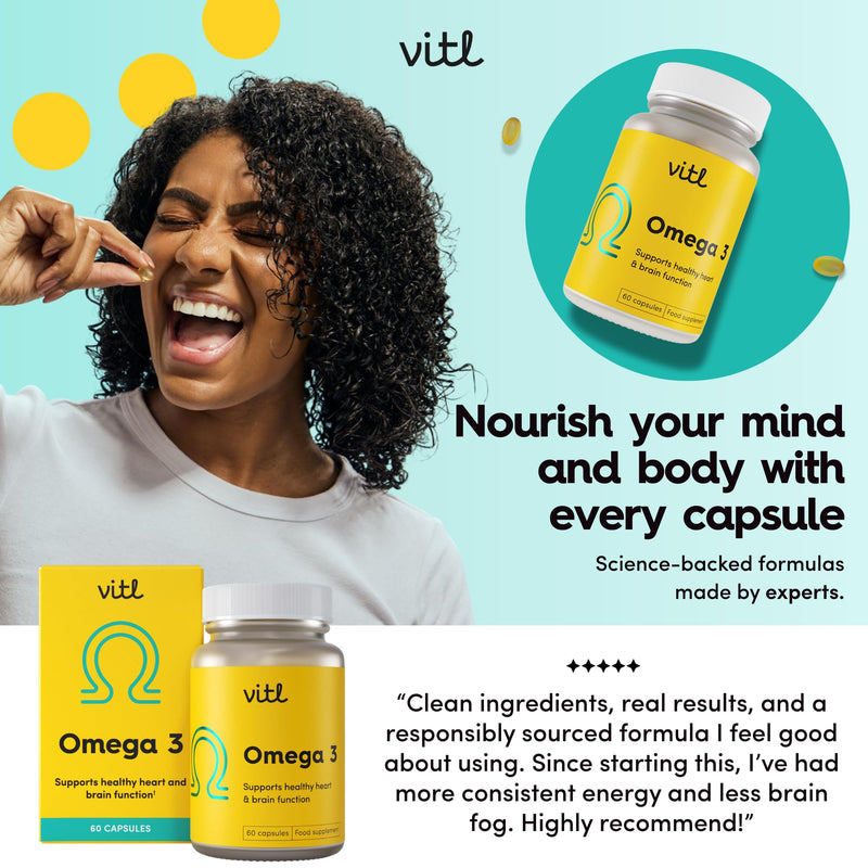 Vitl Omega 3 Fish Oil Supplement - 60 Softgel Capsules - Support Heart and Brain Health - 500mg Fish Oil, 250mg DHA & 50mg EPA - Highly Absorbable - 1 Month Supply