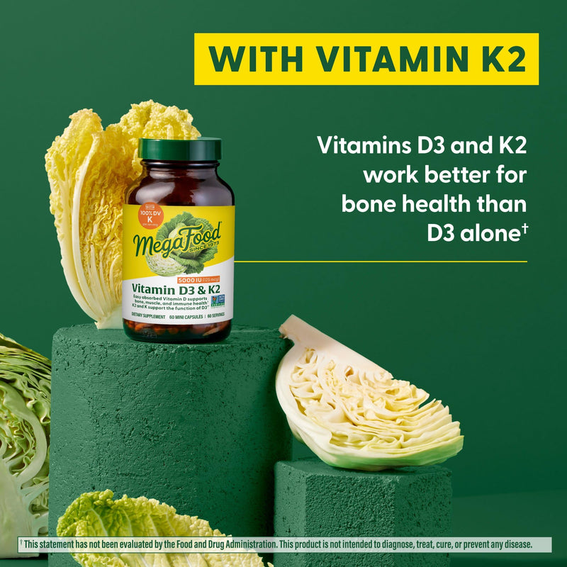 [Australia] - MegaFood Vitamin D3 5000 IU (125 mcg) - Vegetarian Supplements with Vitamin D3 K2 - Supports Bones, Teeth, Muscles & Immune Health - Certified Non-GMO - 120 Mini Capsules, 120 Servings 120 Count (Pack of 1) 