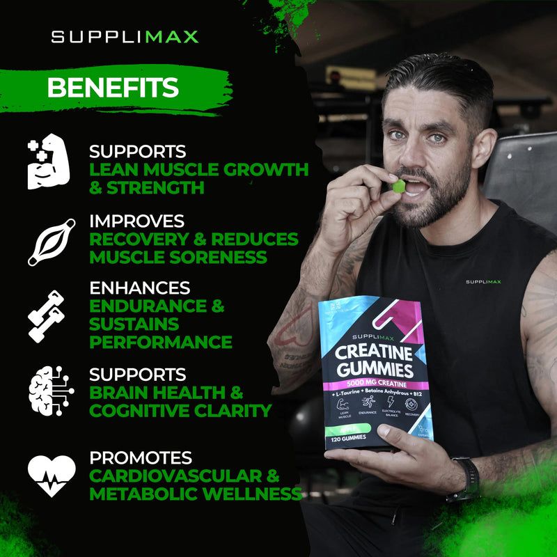 Creatine Gummies 5000mg – UK Made Lab Tested Creatine Monohydrate Gummy, L-Taurine, Betaine Anhydrous, B12 – Sugar Free Vegan - 120 Count Apple 120 count (Pack of 1)