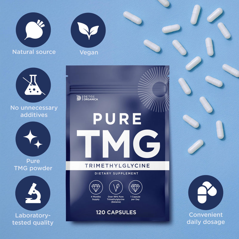 Detox Organica TMG Supplement 750 mg - 120 Capsules - 99% Pure Trimethylglycine (Betaine) - Supports DNA Methylation, Liver & Heart Health - Food Supplement - Vegan, Non-GMO