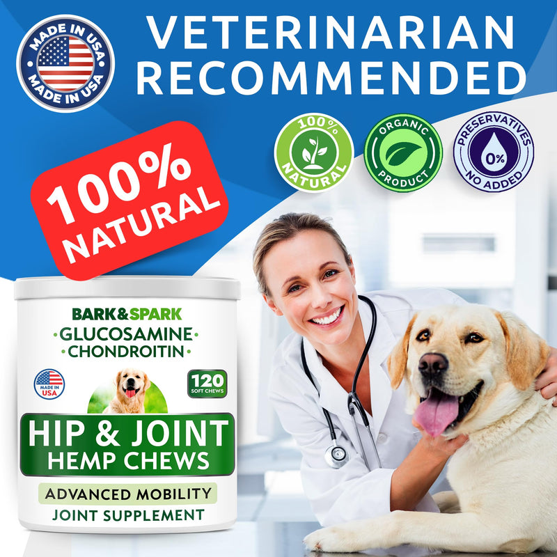 BARK&SPARK Advanced Hemp Chews for Dog Joint Pain Relief - Glucosamine Chondroitin Hemp Treats Hip Joint Health - Joint Supplement Large Breed & Small - Hemp Treats Joints Old Senior Dog (120Ct/Lamb) 120 Ct - PawsPlanet Australia