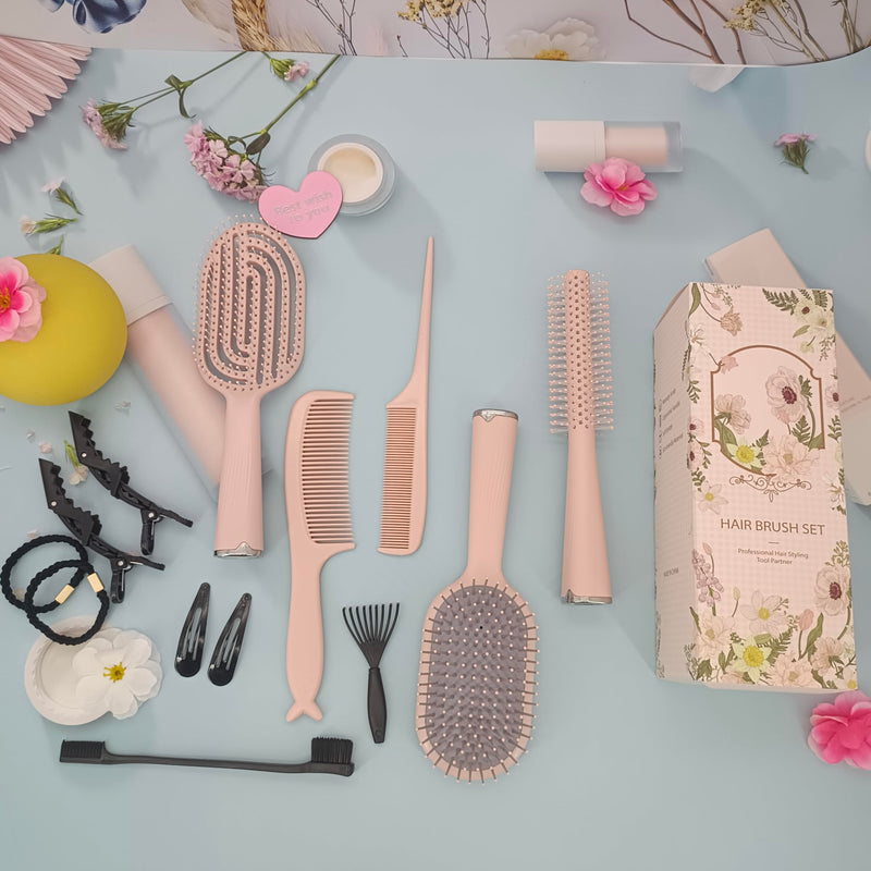 Hair Brush Set, Professional Styling Tools with Combs and Accessories, Pink, Gift Box Included (Pink Brush+Pink Comb) Pink Brush+Pink Comb