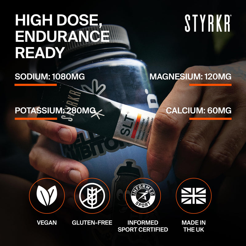 Styrkr SLT+ High Sodium Electrolyte Powder Sachets (30 Servings 1000mg+ Sodium) – Zero Sugar Hydration Drink Mix for Running, Cycling & Endurance – Electrolytes with Magnesium & Potassium (Orange) Orange