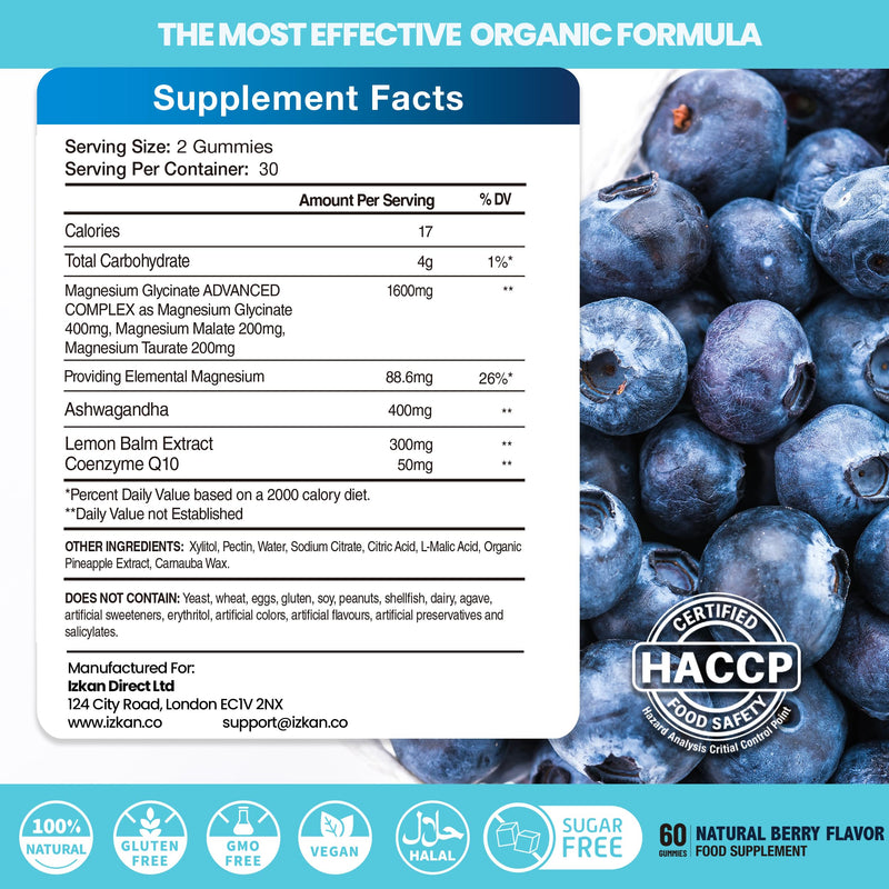 Magnesium Glycinate Gummies 800mg - Sugar Free Magnesium Supplement with Ashwagandha, Lemon Balm Extract & CoQ10 for Sleep, Stress & Muscle Relief & Nerve Health - 60 Gummies (Blueberry Flavor) (1) 1