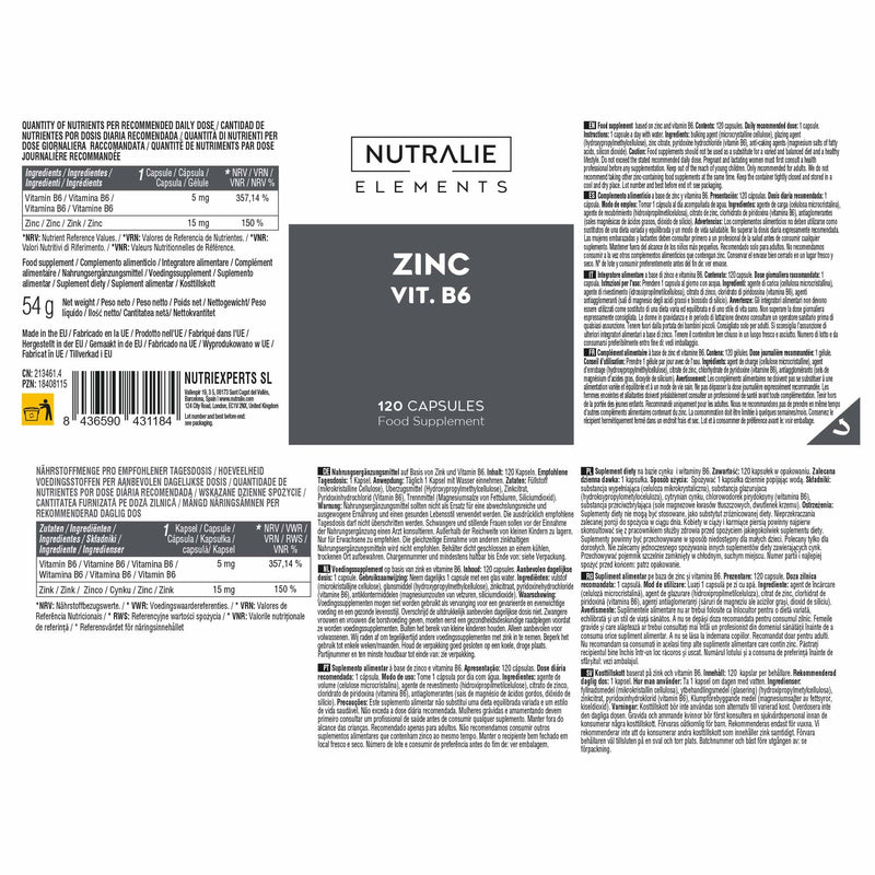 Zinc Supplements with Zinc Citrate and Vitamin B6 for Women and Men - 120 Vegan Capsules Nutralie
